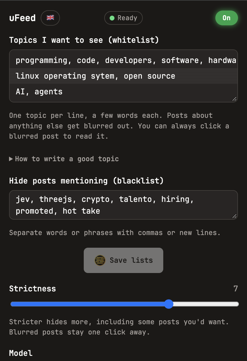 uFeed-Erweiterungsfenster mit Einstellungen für Themen und Sperrliste